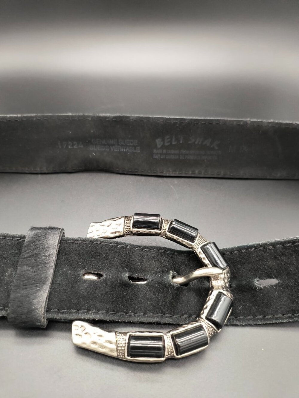 Vintage Belt Shak Statement Black Suede Silver Tone Horseshoe Buckle Belt M